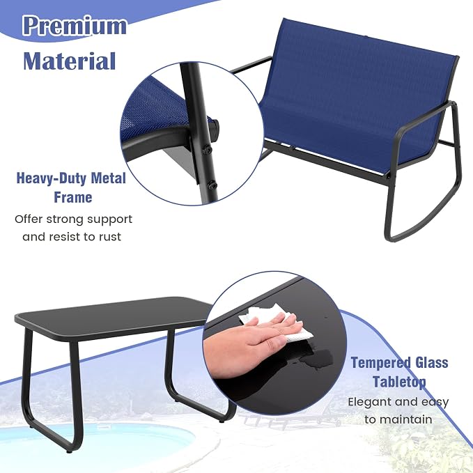 Tangkula 4 Piece Rocking Patio Furniture Set, 2 Rocking Chairs & Loveseat with Glass-Top Table, Patio Rocking Set with Smooth Rocking Motion, Outdoor Rocker Conversation Set for Porch, Yard (1, Navy)