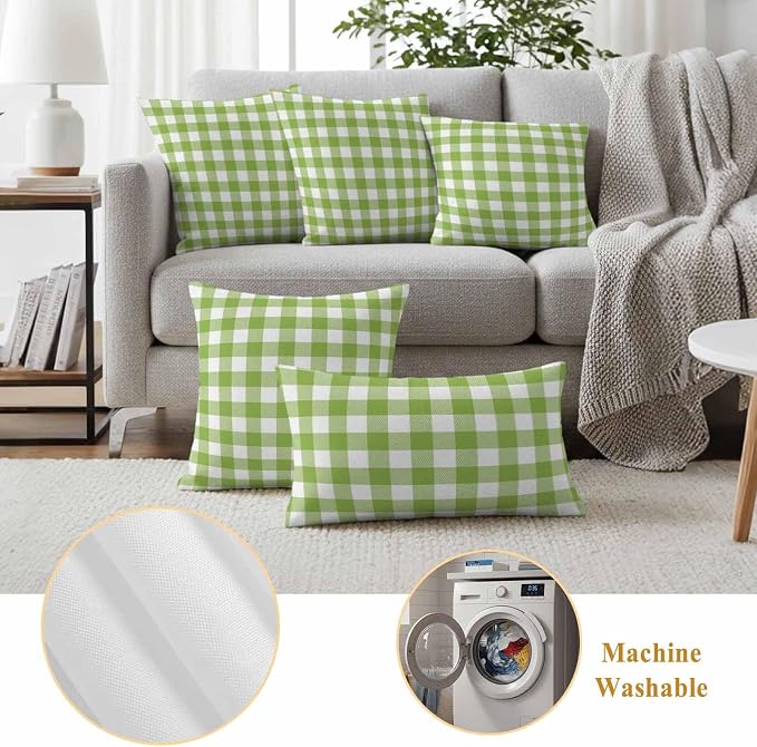 Outdoor Throw Pillow Covers,Farmhouse Plaid Design Waterproof Decorative Pillowcases Cushion Cover Green and White Grid Pillow Cases for Patio Couch Sofa Bed,20x12in Set of 2