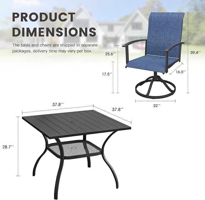 5 Pieces Patio Dining Set, Outdoor Furniture of 37.8" Square Patio Table and Patio Swivel Chairs for Backyard Lawn Garden, Black Table and Dark Blue Chairs