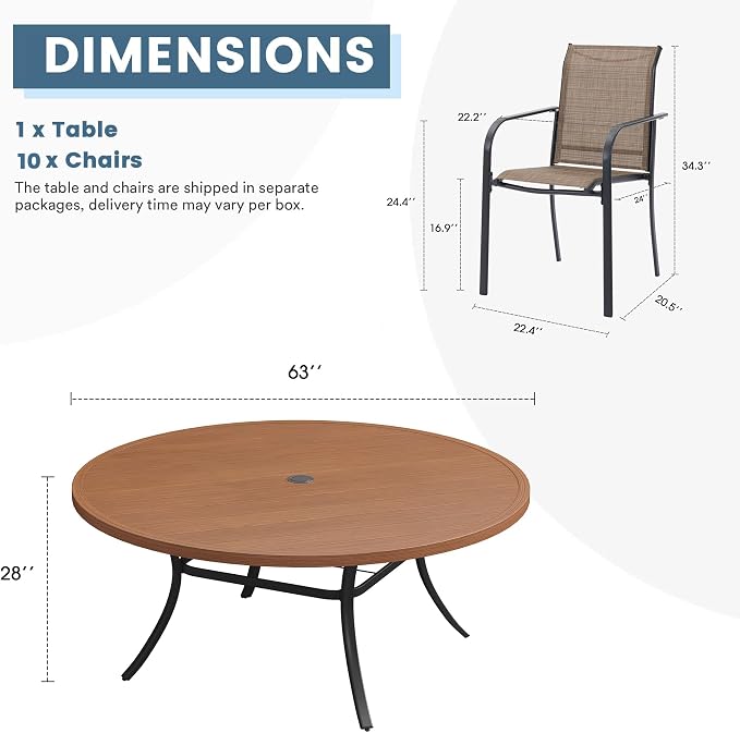 DIFY Patio Dining Set for 10, 11 Piece Outdoor Table and Chairs Set, 63" Walnut Round Metal Patio Dining Table and Brown Textilene Stackable Patio Chairs, for Backyard Garden Poolside
