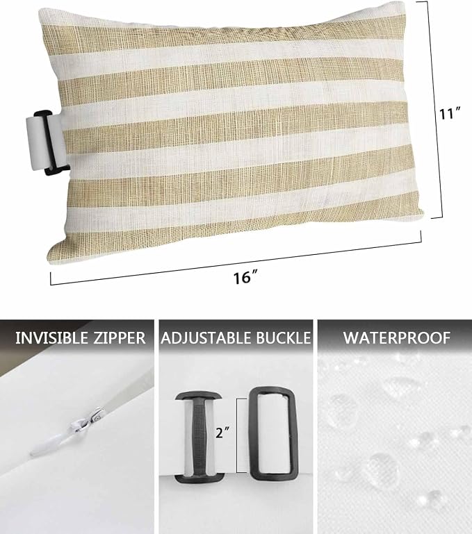 Pack of 4 Outdoor Lumbar Pillow Covers 11x16 Inch, Cream Striped Waterproof Throw Pillow Covers Set, Farmhouse Vintage Brown Stripes Indoor&Outdoor Decorative Cushion Cases for Patio Porch Beach