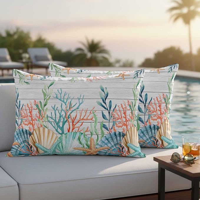 Lumbar Pillow Covers 20x12 Inch Set of 2, Summer Coastal Waterproof Outdoor Pillow Covers, Nautical Sea Coral Shell Starfish Wood Gray Decorative Cushion Pillowcases for Couch, Sofa, Bed, Patio