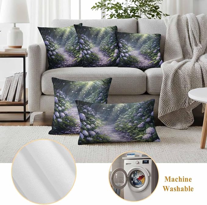 Purple Floral Outdoor Waterproof Throw Pillow Covers Set of 2, 18"x18", Spring Landscape Scenery Nature Decorative Pillow Covers Outside Cushion Case for Patio Porch Garden