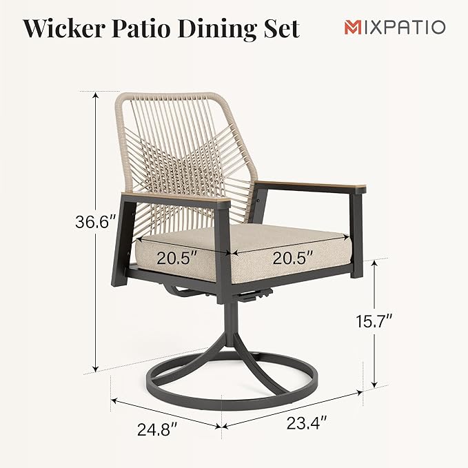 MIXPATIO Patio Wicker Swivel Chair Sets of 6, Outdoor Dining Chairs with 3.1 inch Seat Cushions, Sturdy Metal Frame & Wood Grain Armrest, Beige