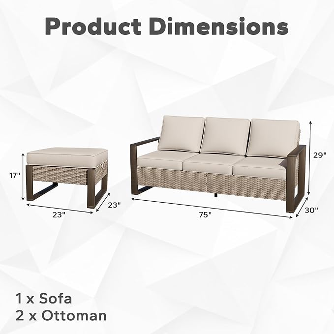 Joyside Outdoor Patio Sofa, 4 Pieces Wicker Rattan Furniture Set, 1 Patio Couch and 2 Ottoman, Metal Wide Armrest, Thick Cushions and Deep Seating for Garden, Backyard, Porch, Deck