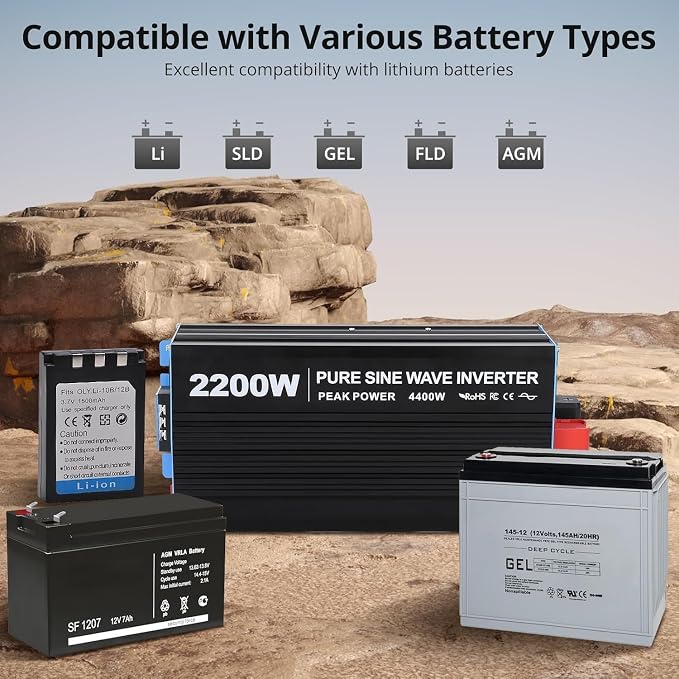 Power Inverter 2200 Watt Pure Sine Wave 12V DC to 110V/120V AC 4400W Peak Converter for Family RV Off Grid Solar System with 2 AC Outlets LCD Display Remote Control and 2.4A USB Charging Port