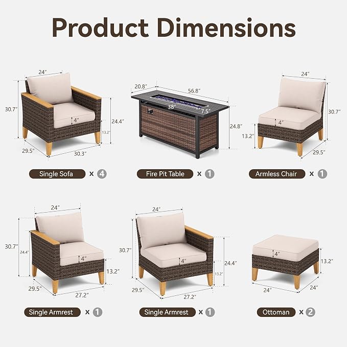 GREEN PARTY 9 Pieces Wicker Patio Furniture Set with 56" Fire Pit Table, All-Weather Outdoor Rattan Patio Sectional Sofa Conversation Set with 4" Thick Cushions for Garden, Backyard, 2 x Ottomans