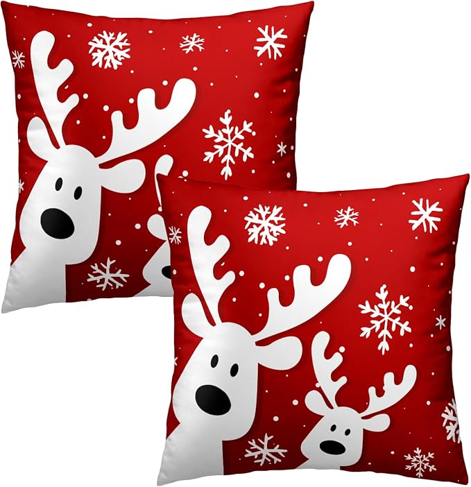 Christmas Reindeer Throw Pillow Covers 16x16, Set of 2 Funny Xmas Deer Snowflakes Red Decorative Pillow Cases Square Cushion Cover for Couch Sofa Bed Holiday Decoration