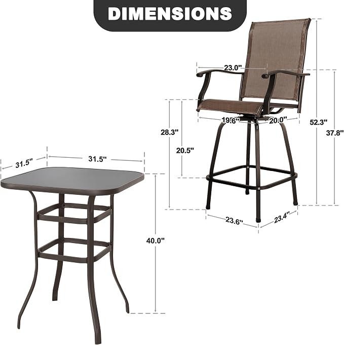 NUU GARDEN 5 Piece Patio Bar Set with Glass Table and 4 Swivel Chairs,Black&Brown