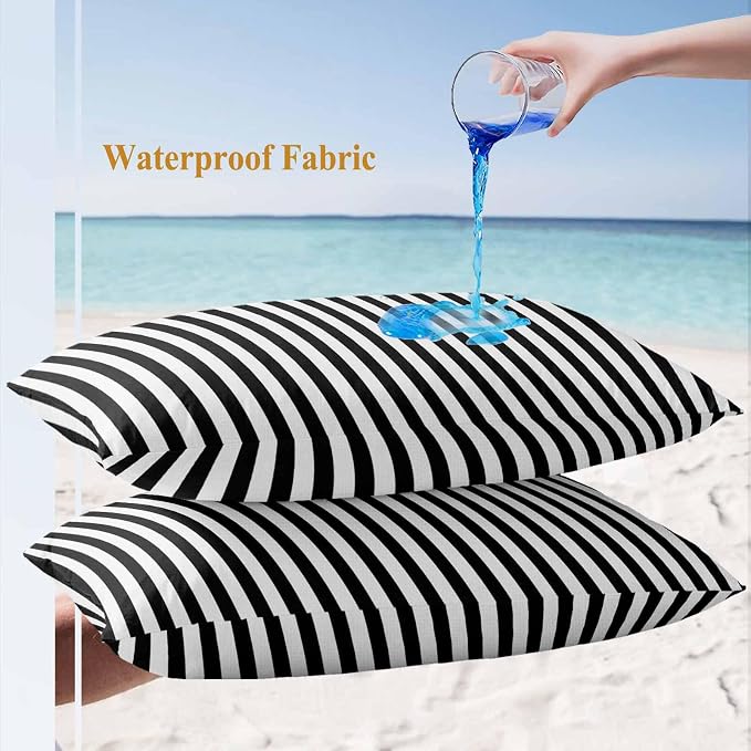Lumbar Pillow Covers 20x12 Inch Set of 2, Black White Stripe Waterproof Outdoor Cushion Covers, Modern Minimalist Geometric Striped Decorative Pillowcases for Couch, Sofa, Bed, Garden, Patio