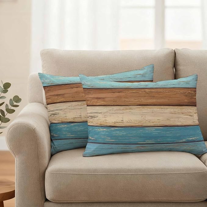 Farmhouse Light Blue Brown Outdoor Waterproof Pillow Covers, Vintage Wooden Striped Decorative Rectangle Throw Pillowcase Sofa Cushion Sham for Patio/Couch/Chair, 20"x12" 2 Pack