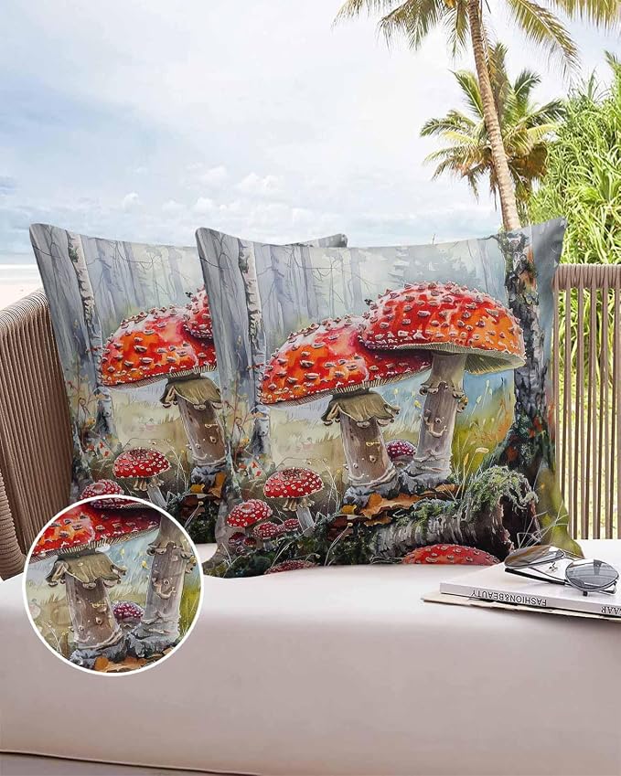 Outdoor Waterproof Throw Pillow Covers 24x24in, Fall Thanksgiving Harvest Mushrooms Cushions for Garden Patio Furniture Chairs Set of 2, Season Forests Home Decor Couch Sofa Polyester Pillow Cases
