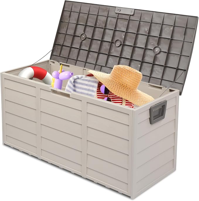 75 Gallon Outdoor Storage Box, Lockable Plastic Storage Containers with Lid, Patio Deck Box Furniture for Garden, Pool, Balcony, Yard (Brown)
