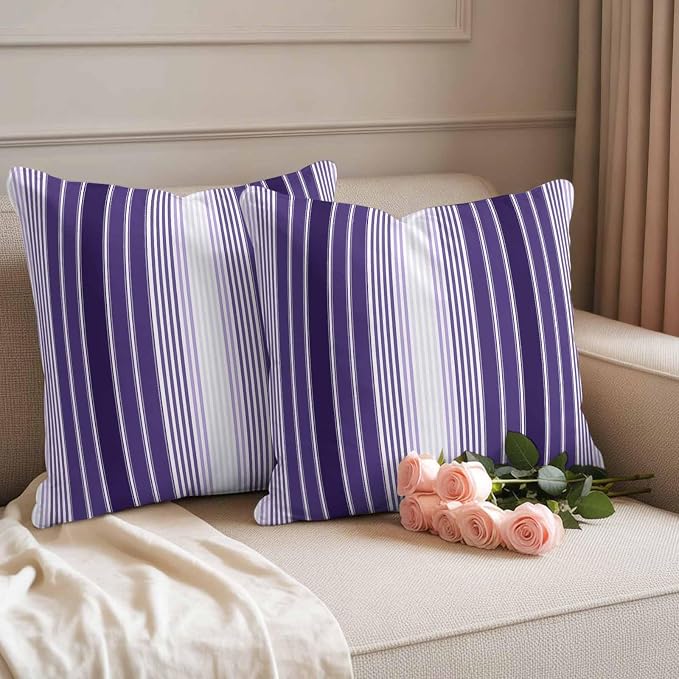 Outdoor Waterproof Throw Pillow Cover, Farmhouse Purple Gradient Line Decorative Pillows Cushion Covers, Modern Minimalist Stripe 2 Pack Pillow Cases for Patio Garden Balcony Couch Sofa 20x20in
