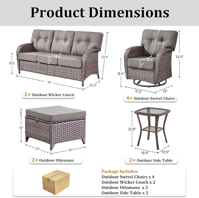 10-Piece Wicker Patio Furniture Set with 5-Inch Thick Cushions Weather Resistant Rattan High Back Swivel Rocker Chairs Senior Friendly Conversation Set for Small Porch Deck Sunroom Brown/Grey