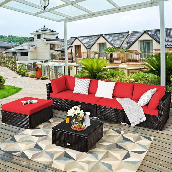 Tangkula 6 Piece Patio Furniture Set, Outdoor Deck Lawn Backyard Sectional Sofa with Coffee Table, Durable Steel Frame PE Rattan Wicker Conversation Set (Red)