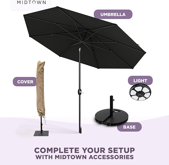 Midtown Umbrellas - The Lean 8 Ft Patio Umbrella with Acrylast Acrylic Fabric, Auto-Tilt Aluminum Frame & 8 Sturdy Ribs - Outdoor Umbrella for Deck, Pool, Hotel & Cafes - Eclipse Canopy, Black Pole