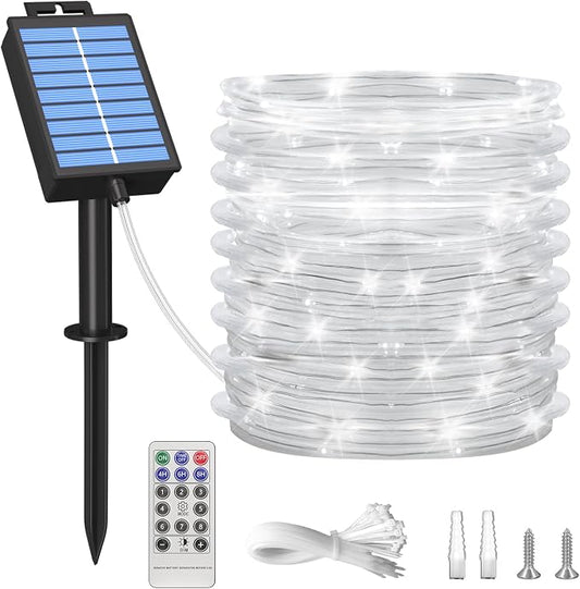 ICRGB Solar Rope Lights Outdoor, 39FT 100 LED (Cool White, 39FT) | With Remote, Waterproof, 8 Modes, for Outdoor Patio Porch Tree Wedding Christmas Pool Garden Decorative