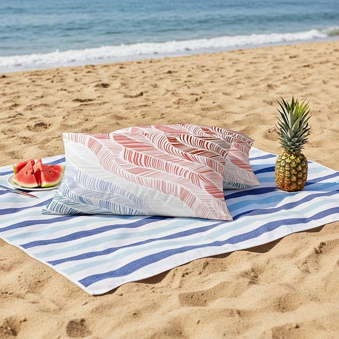 Vandarllin Outdoor Throw Pillows Covers 20x12 inch Set of 2 Waterproof Summer Beach Decorative Zippered Cushion Covers for Patio Furniture, Ombre Red Abstract Leaf Lines Lumbar Pillowcases