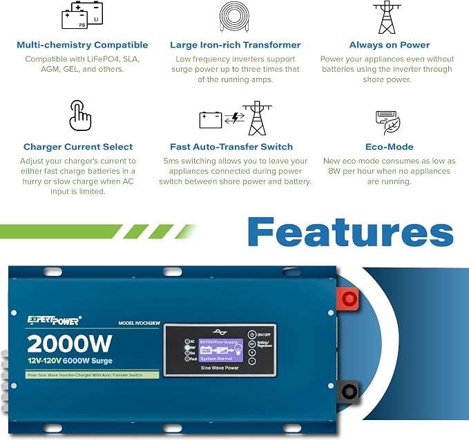 ExpertPower 2000W Pure Sine Wave Inverter Charger | Peak 6000W | DC 12V - AC 110V | LifePO4/ Lithium Battery Compatible | Auto Transfer Switch | LCD Display