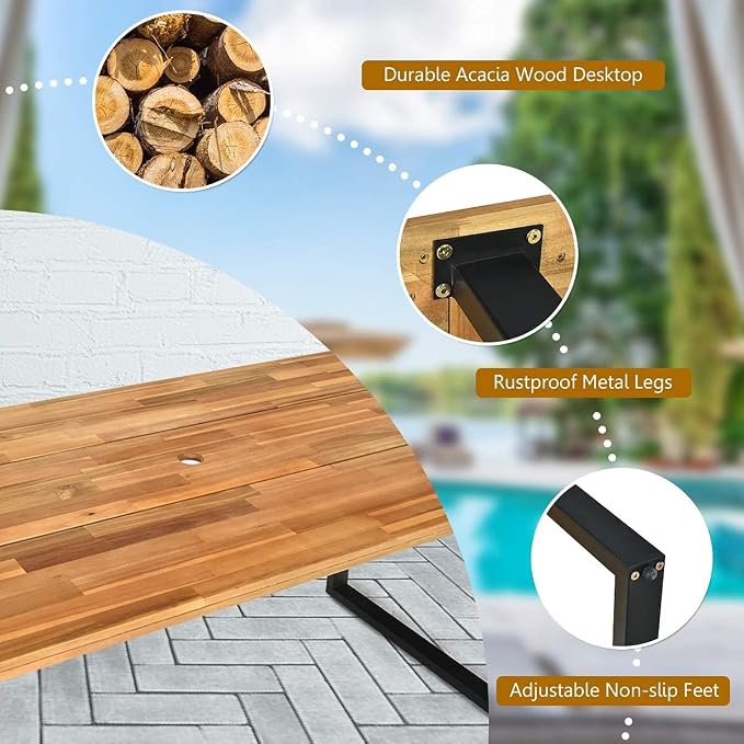 HAPPYGRILL 7 Pieces Wood Rattan Patio Dining Set, Outdoor Dining Furniture Set with Rectangle Table Wicker Chairs, Acacia Wood Tabletop with Umbrella Hole, Dining Set for Garden Backyard