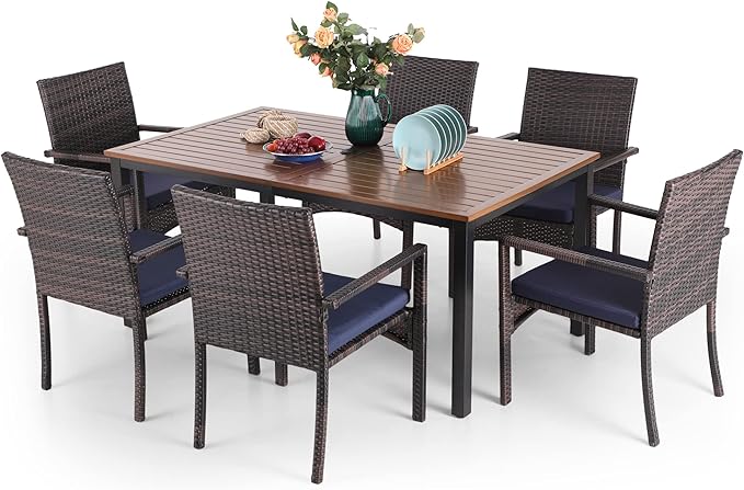 Sophia & William 7 Pieces Patio Dining Set, Metal Patio Table and Wicker Chairs Set for 6, Rectangular Outdoor Table and Chairs