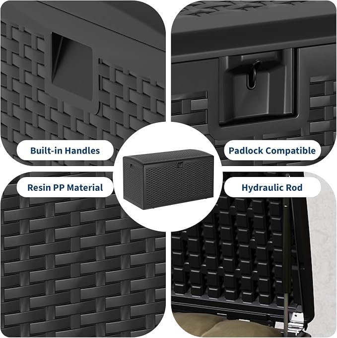 Garvee 120 Gallon Waterproof Large Resin Deck Box Indoor Outdoor, Lockable Storage Container for Patio Furniture Tools, Waterproof Deck Box with Hydraulic Rod Patio Storage Bin for Pool Garden, Black