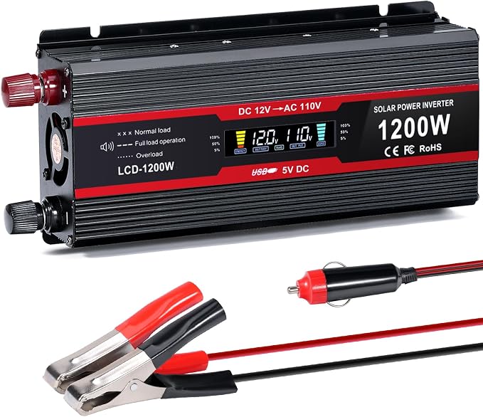 1200Watt Car Power Inverter 12V DC to 110V AC,1200W Inverter,Power Inverters for Vehicles with LCD Display and AC Outlets 2A USB Charging Port (Black)