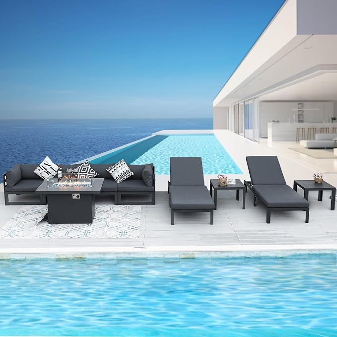 BULEXYARD 9 Pcs Grey Aluminum Patio Furniture Set with Fire Pit Table & Grey Cushion, Large Modern Outdoor Modular Sectional Sofa, Luxury Deep Seat Conversation for Backyard Pool