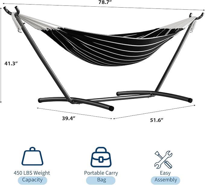 Heavy Duty Double Hammock with Steel Stand – 2 Person, 450lbs Capacity, Portable for Indoor Outdoor Use, Space-Saving with Carry Bag, Garden, Patio, Camping, White Agate