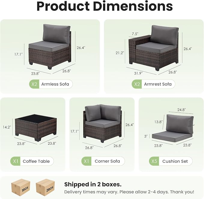 Soohow 6-Piece Patio Furniture Set All-Weather Outdoor Wicker Sectional Conversation Set with Cushion and Glass Table for Garden, Porch, Backyard, Grey Cushions