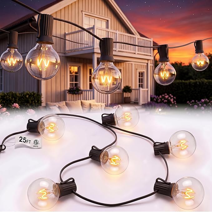 Abeja 25Ft Outdoor Patio String Lights, G40 Outdoor Globe String Lights with 27 Clear Bulbs, Hanging Light for Porch Backyard Deck Bars Wedding Indoor Decor, E12 Base, 5W Black Wire