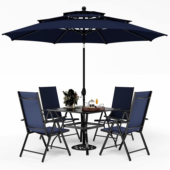 PHI VILLA Outdoor Dining Furniture Set with Umbrella, Patio Dining Set for 4 with Metal Outdoor Table and Chairs, Patio Table Set with Portable Folding Chairs & Navy Blue Umbrella (No Base)