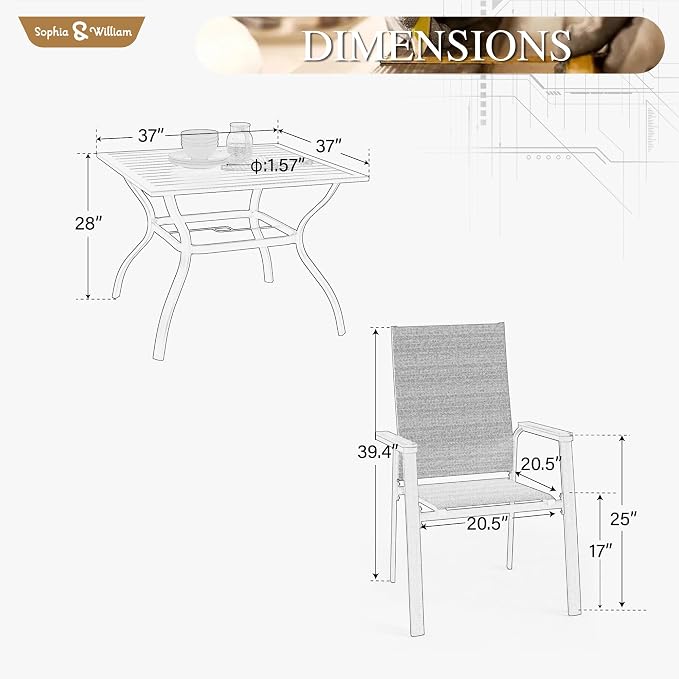 Sophia & William Patio Dining Set 5 Pieces, 4 Stackable Aluminum Textilene Dining Chairs with 37"x 37" Square Metal Table, Patio Table Chair Set for Outdoor Garden Lawn (Beige)