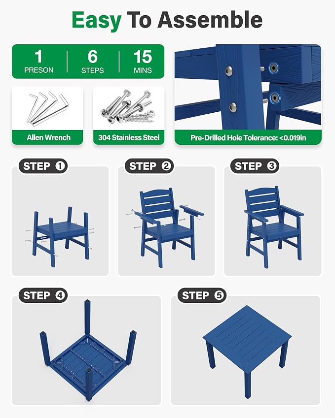YEFU Outdoor Patio Table HIPS: Square Wood Grain Waterproof Easy-Clean All-Weather Patio Dining Table - Rust-Resistant Modern Outdoor Dining Table for Backyard Garden Deck Poolside（Navy）