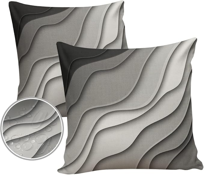 Funy Decor Waterproof Outdoor Throw Pillow Cover Gray Modern Geometric Lumbar Pillowcases Set of 2 Abstract Beach Decorative Patio Furniture Pillows for Couch Garden 20 x 20 Inches