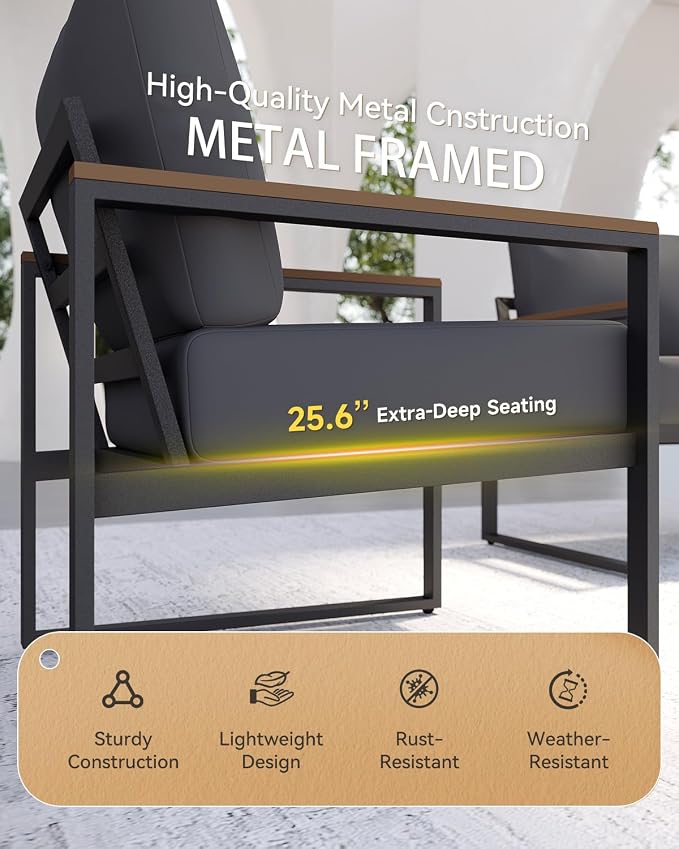 Aoxun Patio Furniture Set, 4 Piece Outdoor Patio Furniture with Thick Cushions, Modern Metal Outdoor Conversation Sets with Coffee Table for Porch, Balcony, Deck Dark Grey