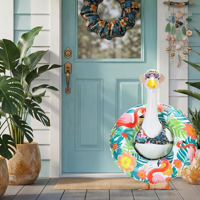 Hawaiian Porch Goose Outfits for 23 Inch Lawn Statue | Summer Bikini with Swim Ring Costume for Cement Statue, Tropical Sculpture Clothes for Swimming Pool Party Beach Decoration