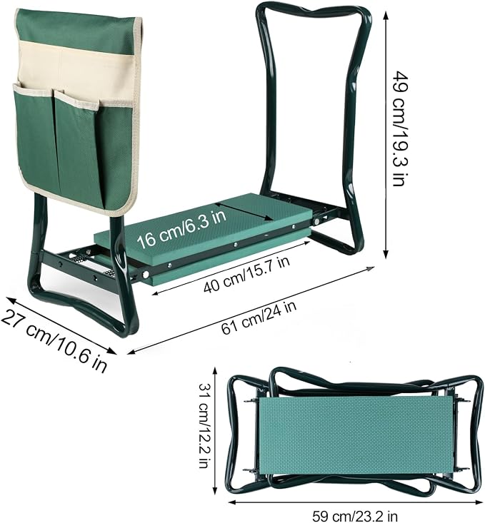 Roixeeds Garden Kneeler and Seat Foldable Gardening Bench Stool with Tool Bag Pouch EVA Foam Pad Outdoor Practical Garden Tools for Kneeling and Sitting Sturdy and Lightweight, Green