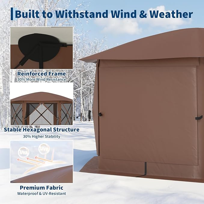 GarveeLife 13x13FT 6-Sided Pop Up Canopy Tent，One-Push Setup Canopy Tent with Removable Canopy Top & Wind Cloths, Outdoor shelter for Camping, Backyard Parties, Outdoor Events - Beige & Khaki