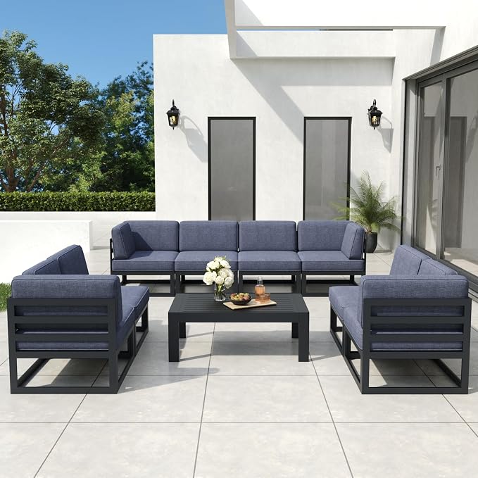 9 Pieces Aluminum Patio Furniture Set with Coffee Table, Metal Outdoor Conversation Sofa Set with Seating Cushions