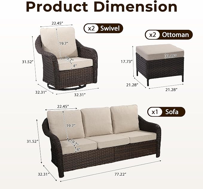 5 Piece Patio Wicker Conversation Set, All-Weather Use Outdoor Wicker Sofa with 2 PE Rattan Ottomans,2 Swivel Chair, Ideal for Porch, Backyard, Balcony, Poolside, Beige
