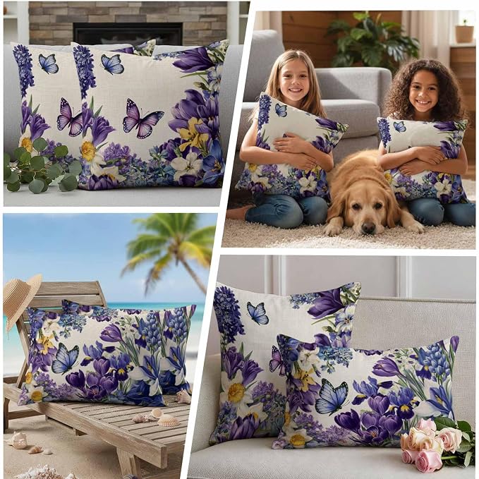 Outdoor Waterproof Pillow Covers for Patio Furniture Purple Blue Flowers Butterfly Throw Pillow Cover Watercolor Floral Linen Pillowcases Set of 2 Cushion Case for Sofa Couch Chair 20x20 inch