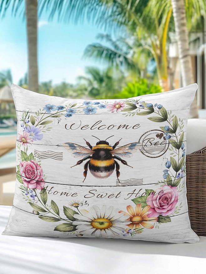 Outdoor Waterproof Throw Pillows Rustic Bee Flower Wreath Patio Pillows,Decorative Pillow Covers with Insert,Pillow Cushion Case for Garden Couch Sofa Farmhouse White Wood Board