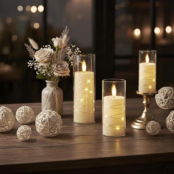 Raycare Flameless Candle with Remote Timer – 9 Flickering Acrylic Battery Operated LED Pillar Candles with Embedded Star String for Valentine's Day, Home Decor, and as a Gift (Ivory)