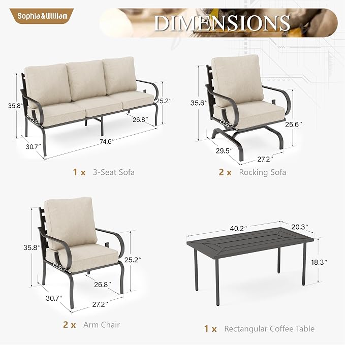 Sophia & William Patio Conversation Set for 7, 3-Seater Sofa, 2 Fixed Chairs, 2 Rocking Chairs and a Coffee Table, Metal Outdoor Furniture with 5.75" Extra Thick Cushions, Beige