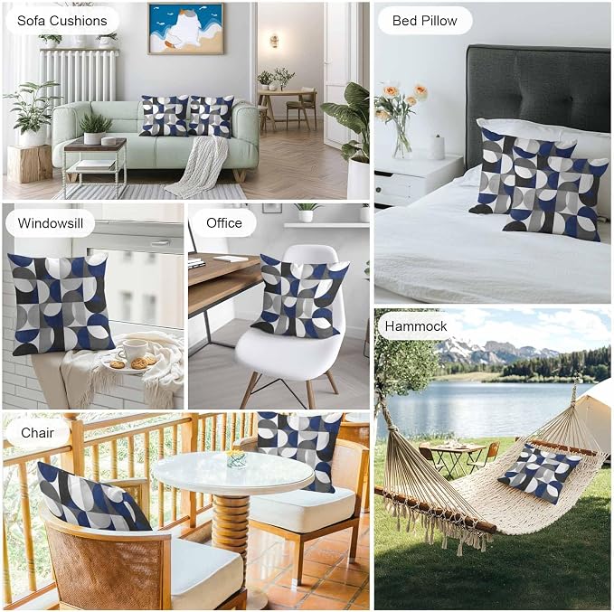 Vandarllin Outdoor Throw Pillows Covers 26x26 inch Set of 2 Waterproof Modern Blue Gray Geometric Decorative Zippered Cushion Covers for Patio Furniture, Abstract Mid Century Lumbar Pillowcases