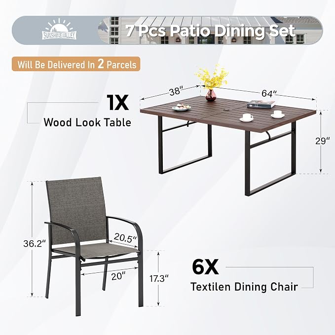 SUNSHINE VALLEY 7 Piece Patio Dining Set for 6, 64” Rectangular Wood-Like Metal Table with Umbrella Hole and 6 Chairs, Outdoor Table and Chairs Set for Lawn Backyard and Deck, Brown