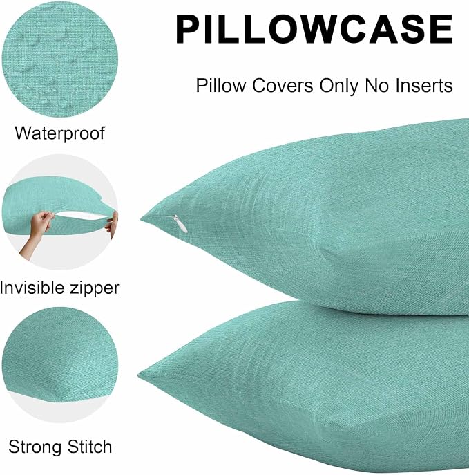 Pack of 2 Waterproof Outdoor Pillow Covers 20x20 Inch Decorative Pillow Covers Turquoise Burlap Texture Throw Pillowcases Farmhouse Vintage Aqua Outdoor Cushion Cover for Couch, Patio, Tent