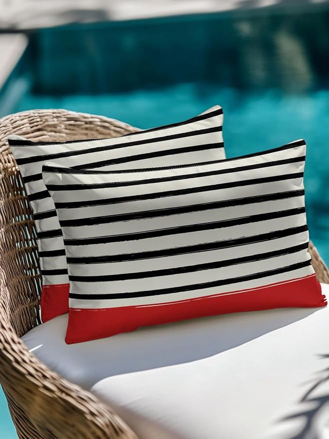 Waterproof Outdoor Pillow Set of 2 Black Stripes Decorative Throw Pillows Cover & Insert 20x12 Inch Lumbar Pillowcase Red Striped Lines Pillows for Couch Sofa Bed Patio Furniture Indoor Outdoor